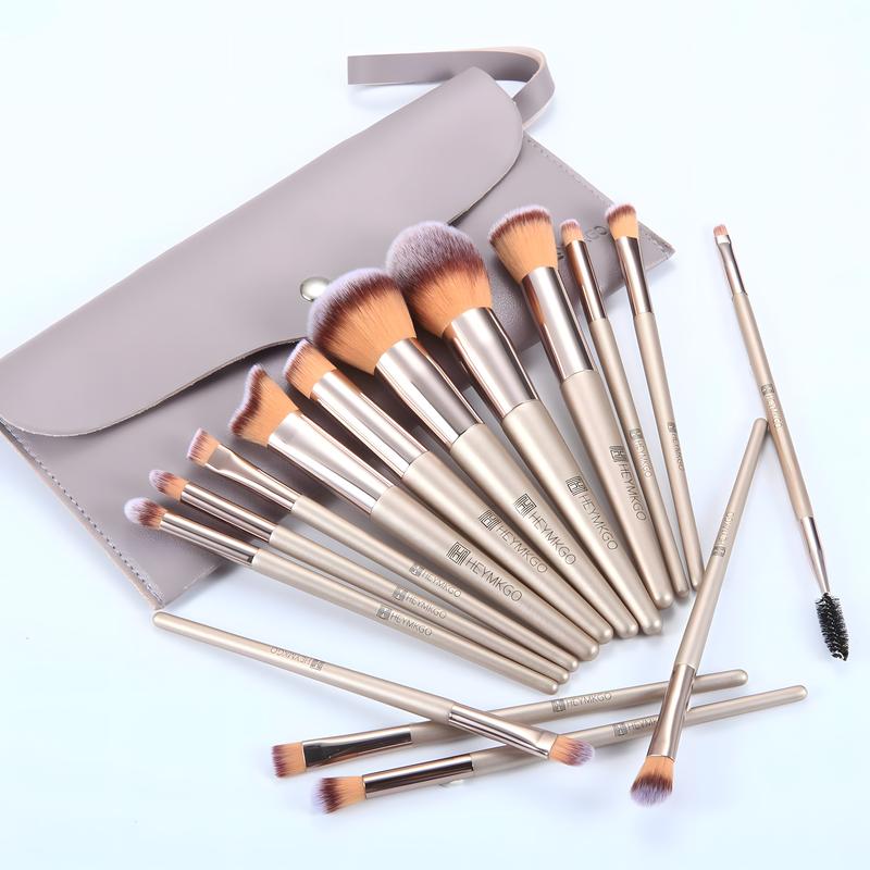 HEYMKGO 15PCS Champagne Gold Makeup Brush Set - Pro Foundation/Blending/Eye Brushes | Blush & Concealer Tools with Bag | TikTok Viral Must-Have Two-in-One Portable Shade and Blend Makeup Brush Multifunctional vintage makeup brush Natural Look all-day meta