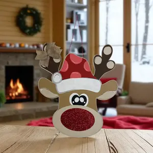 Rudolph Reindeer Shape Door Hanger with Glitter Nose - Festive Home Decoration Ornament, Room Accessories for Holidays