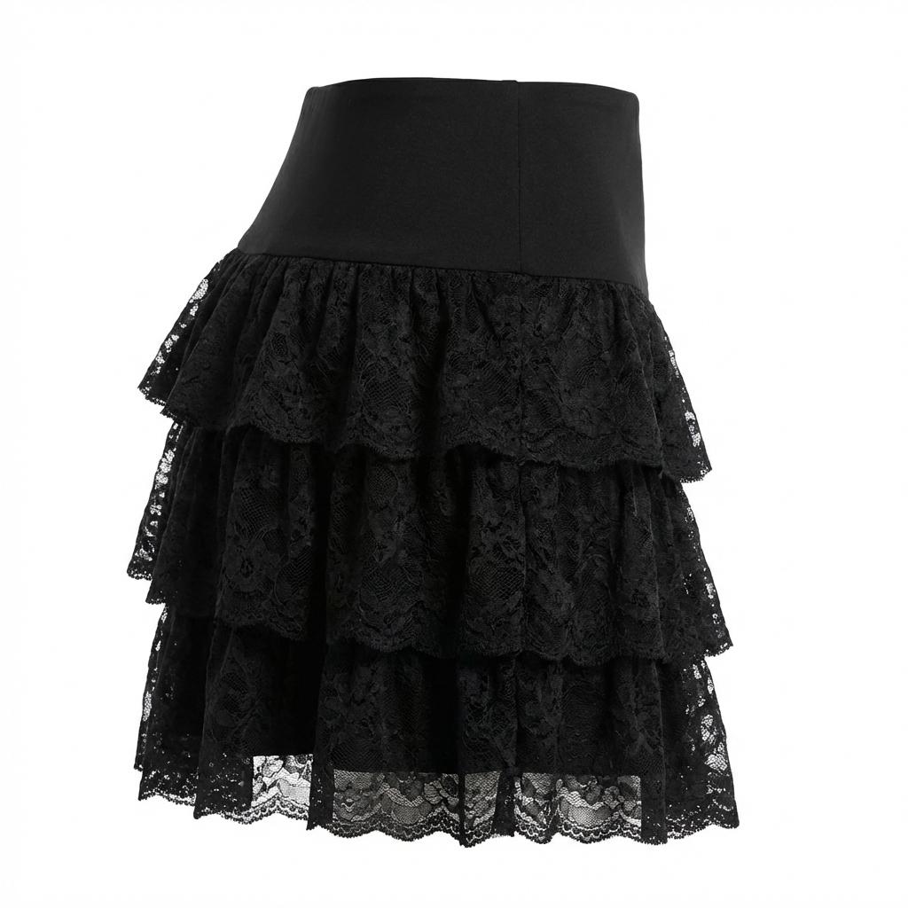 Black Lace Tiered Ruffle Mini Skirt