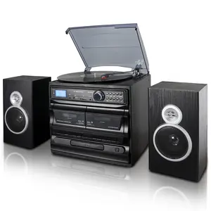 Trexonic 3-Speed Vinyl Turntable Home Stereo System with CD Player Dual Cassette Player Bluetooth FM Radio USB SD Recording & Wired Shelf Speakers