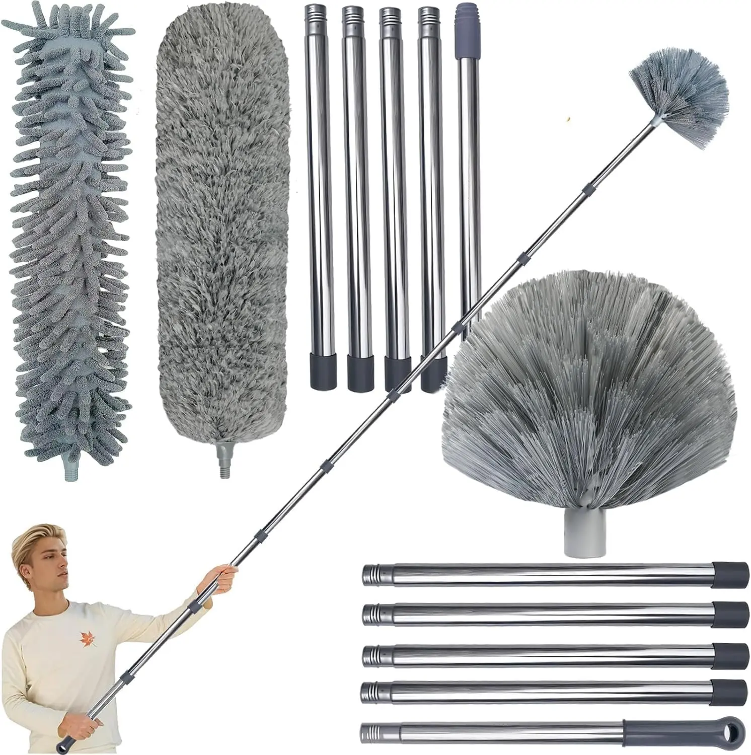 20+  High Reach Duster Kit with 3-14 ft Extension Pole for Cleaning Fan, Spider Web, High Ceiling, Blinds, Furniture,  - Cobweb Microfiber Duster // Outdoor & Indoor Extendable Duster