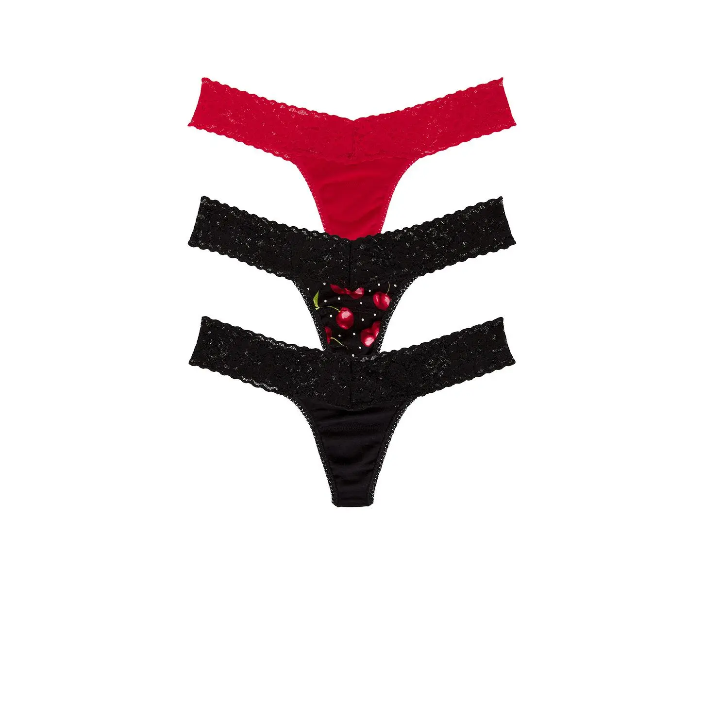 Hanky Panky 3 Low Rise Thongs in Black & Cherry Bomb & Red Hanky Panky 3 Low Rise Thongs in Black & Cherry Bomb & Red