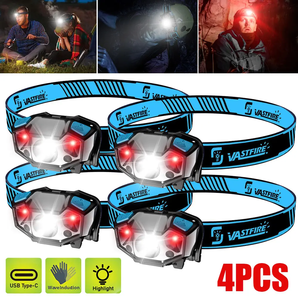 VASTFIRE Rechargeable Headlamp - High Lumen Flashlights (300LM), Type-C USB Charging Work Light with 1/2/3/4 Ports, Red Light, 3 Modes, Adjustable Headband, Motion Sensor, 70° Adjustable Angle, IPX4 Waterproof for Outdoor Camping, Hiking