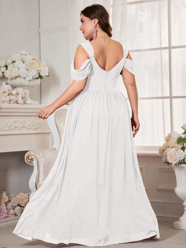 Elegant V Neck Backless Ruched Waist Chiffon Dress, High Slit Bridesmaid Gown, Pure Color Flowy A-Line, Perfect for Weddings