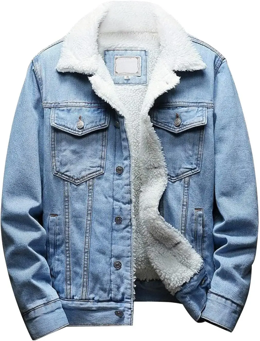 Omoone Men's High-Quality Denim Jean Jacket - Thick Sherpa Fleece Lined Lapel Trucker Look, Button Front, Multi-Pocket Plush Outdoor Wear Coat