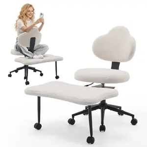 Ergonomic Cross Legged Chair, 360° Swivel Meditation Chair with Wheels, Height Adjustable Seat for Meditation, ADHD & Yoga, Teddy Fabric/PU Yoga Stool for Home Office