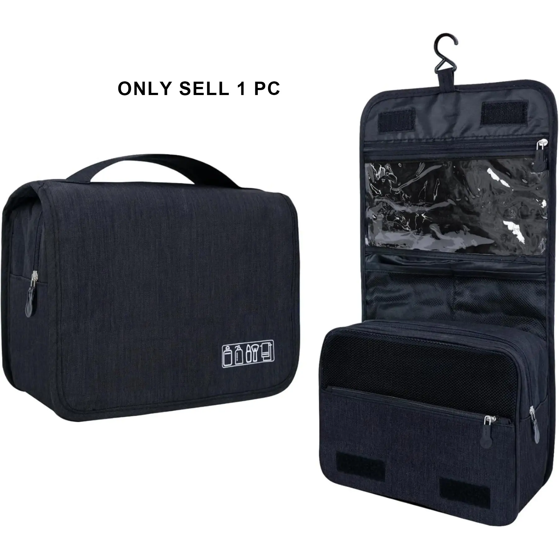 Black Large-capacity Toiletry Bag with Hook for Men and Women, Waterproof Travel Bag, Travel Cosmetic Bag, Bathroom Storage Bag, Toiletry Accessories, Makeup Storage Bag, Cosmetic Travel Bags, Toiletries Travel Bag