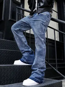 Men's High-End Casual Loose-Fitting Jeans, All Seasons Button Fly Zipper Flare Pants, Plain Water Washed Denim Bottoms, Hi Rise Jeans