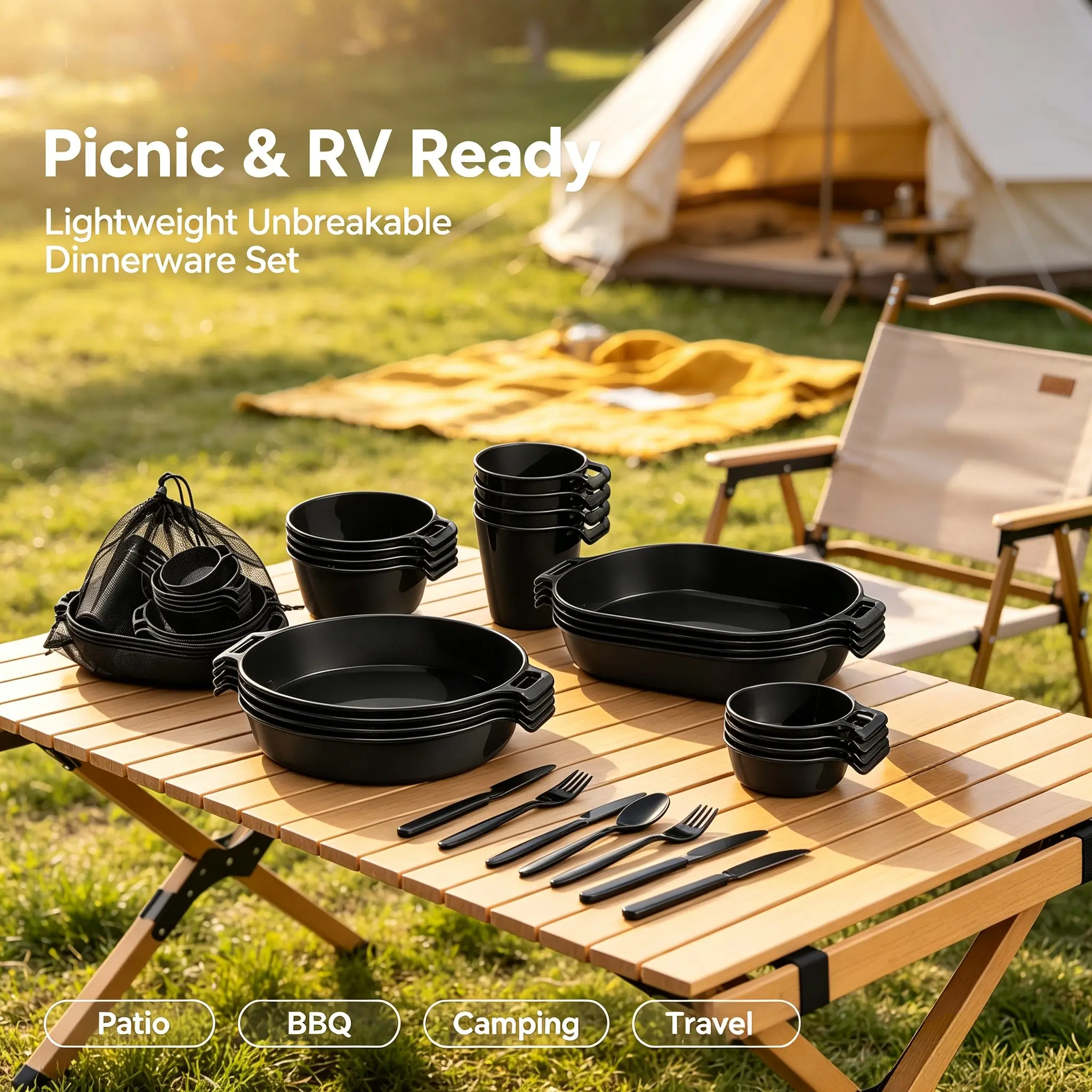 UFORU 21-Piece Modern Stackable Dinnerware Set for 4 - Unbreakable, Microwave-Safe Plates, Bowls, Cups, Sauce Dishes, Serving Platters, 4 Knife-Fork Sets & Mesh Bag - Lightweight Outdoor Use for Picnic, RV