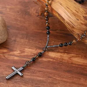 Protection Rosary Necklace with Hematite Cross – Obsidian & Tiger’s Eye Amulet for Men & Women, Perfect Gift for Her or Him