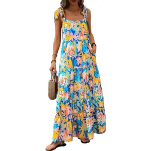 PrettyGarden Womens Dresses Summer Sleeveless Maxi Dress Square Neck Floral Spaghetti Strap Aline Flowy Beach Long Dress Casual Boho