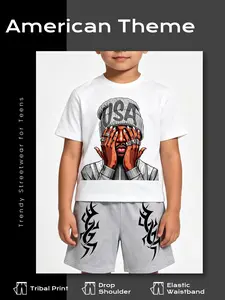 Boys' 2-Piece Streetwear Go Out Set - Teenage Graphic T-Shirt, Shorts with Gray Portrait Print, Humorous Graffiti, American Theme Kids' Clothing kids outfit summer suit Combined Set Go Out Sets