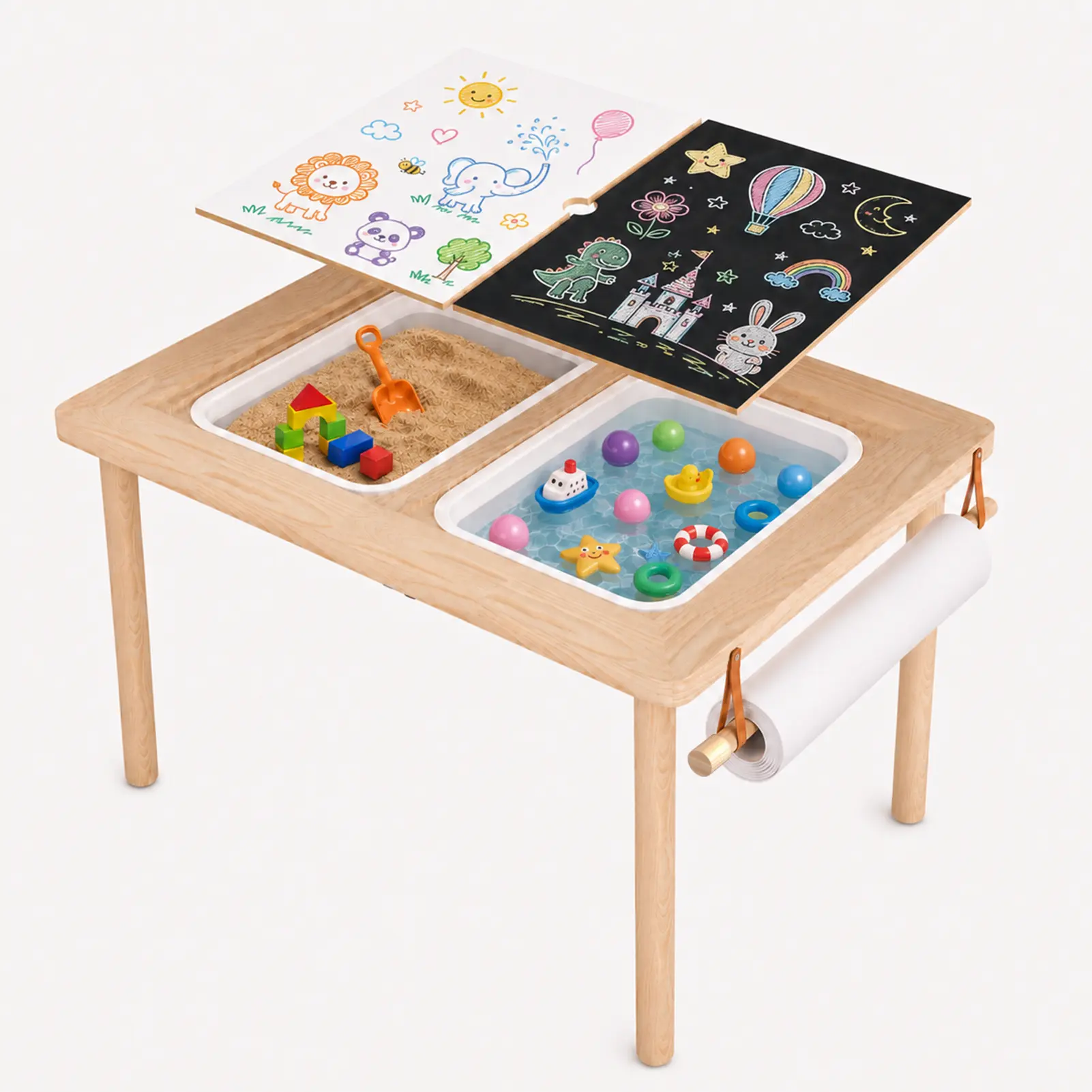 Wooden Toddler Sensory Activity Table, Multifunctional Double-Sided Game & Graffiti Board Table with Paper Roll Holder, 2 Foldable Storage Bins and Non-Slip Feet, Indoor Outdoor Sand Water Play, Drawing & Learning Play Table, Ideal Birthday Gift for Kids
