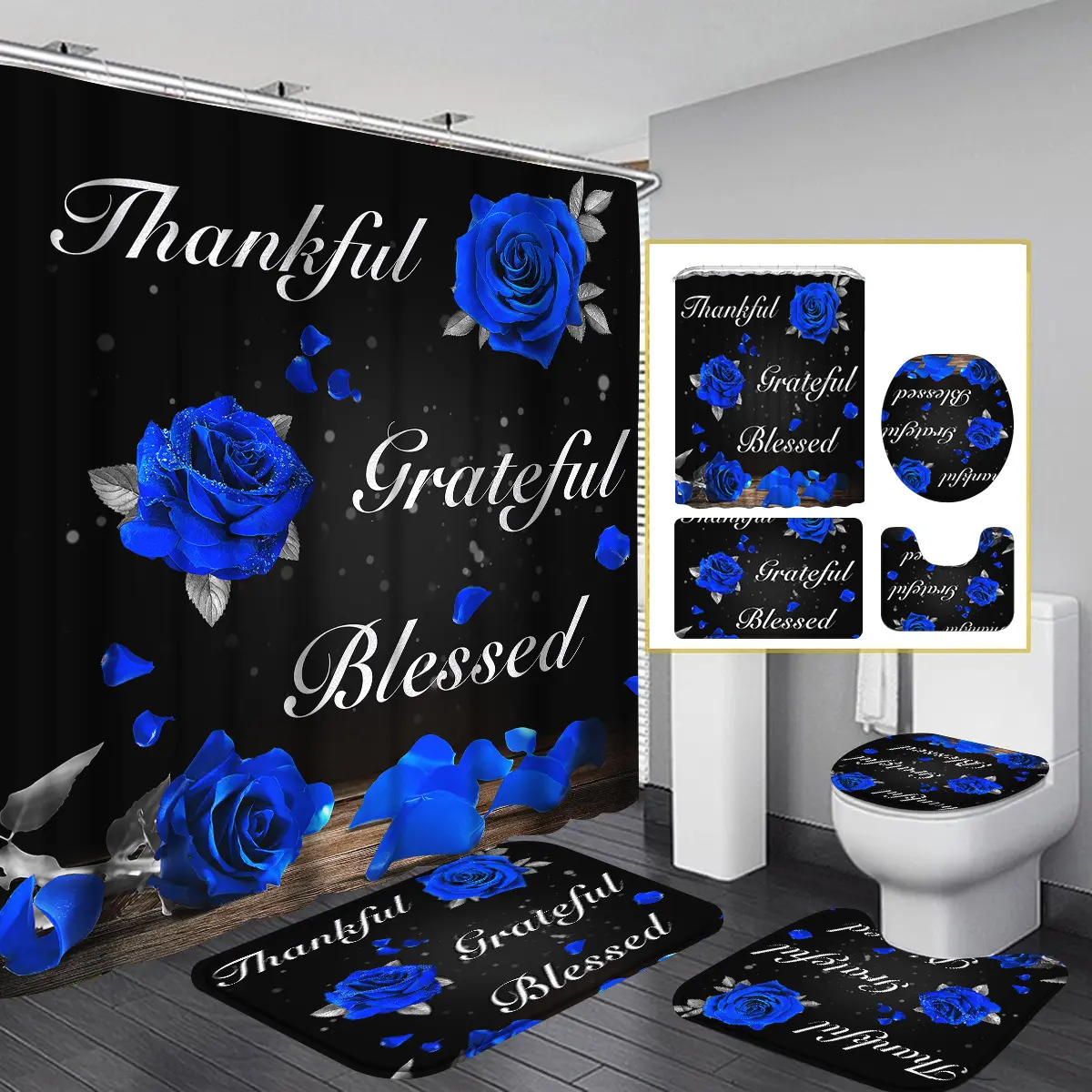 Ahty 4pcs Valentines Day Royal Blue Rose Shower Curtain Set, Thankful Grateful Blessed Bathroom Sets Full Set with Non-Slip Rugs, Toilet Lid Cover and Bath Mat, Elegant Floral Shower Curtain with 12 Hook, Shower Curtain for Bathroom Decor and Accessories
