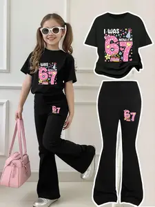 Girls' Birthday Party Theme Digital 67 Sweet Cool Bell Bottoms Set, Round Neck Short Sleeve & Bell Pants, Casual Fit, All Seasons, Casual Fashion Set