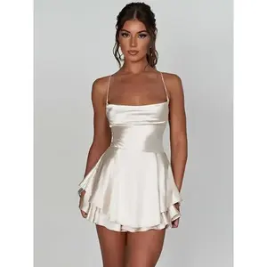 Elegant Backless Pleated Mini Dress with Adjustable Spaghetti Straps - High Stretch, Square Neckline, Ruffle Detail, Beige Satin Fabric, Women’s Fashion, Spaghetti Suspender Dress(Sheet)