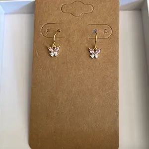 Women’s Tiny Pastel Pink & Crystal Clear Butterfly Earrings, Hypoallergenic 18k Gold Plated Brass Ear Wires