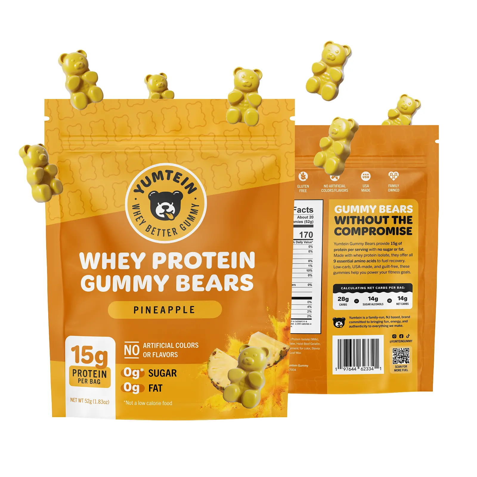 Yumtein Protein Gummy Bears - 15g Whey Protein, 0g Sugar, 0g Fat - Halal Beef Gelatin - Natural Colors - Pineapple (170 Cal)