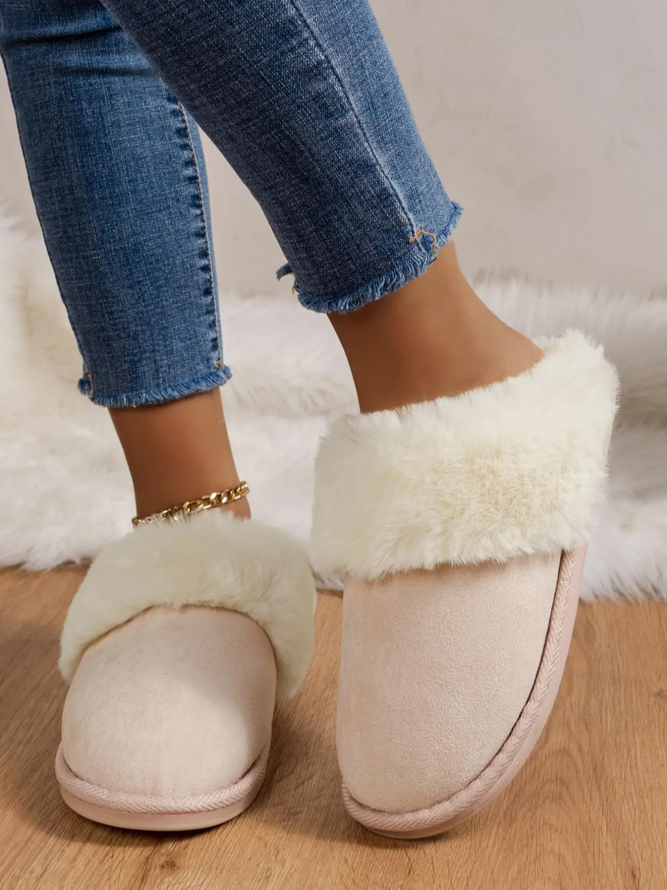 Women's Solid Fluffy Slippers, Casual Soft Comfortable Contrast Faux Fur Trim Plush Home Slippers, Warm 2024 New Trendy Slippers for Indoor Use for Fa