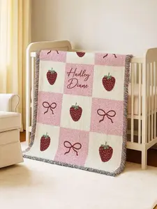 Strawberry Baby Blanket Personalized Girl Cotton Blanket Patchwork Berry & Bows Crib Blanket Fleece Coquette Newborn Blanket Keepsake