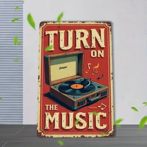 2D Flat, Vintage "Turn on the Music" Metal Sign - 8x12 Inch Retro Wall Art with Vinyl Record Player & Musical Notes, Durable Aluminum Indoor/Outdoor Decor for Home, Office, Cafe, or Music-Themed Spaces, Music Room Decor