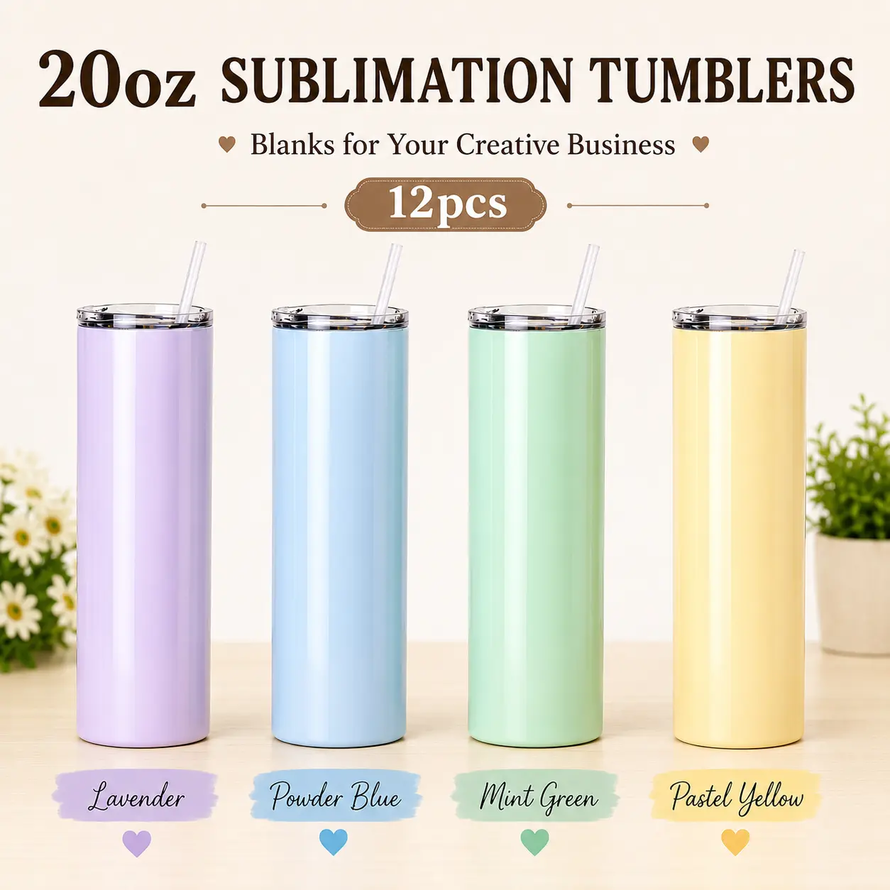12-Pack 20oz Macaron Sublimation Straight Tumbler Bulk Blank Pastel Colors Sky Blue Lavender Mint Cream Vacuum Insulated Stainless Steel Water Bottle with Straw Lid Flat Lid Keep Cold 24H Hot 12H for Custom Print Wedding Gift Business