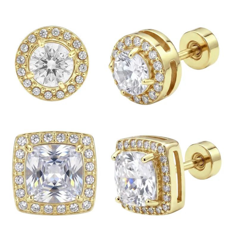 4-Pair 14K Gold Plated Stud Earrings Set – Round & Square Cubic Zirconia Earrings for Women and Men, Hypoallergenic Classic Fashion Jewelry for Pierced Ears
