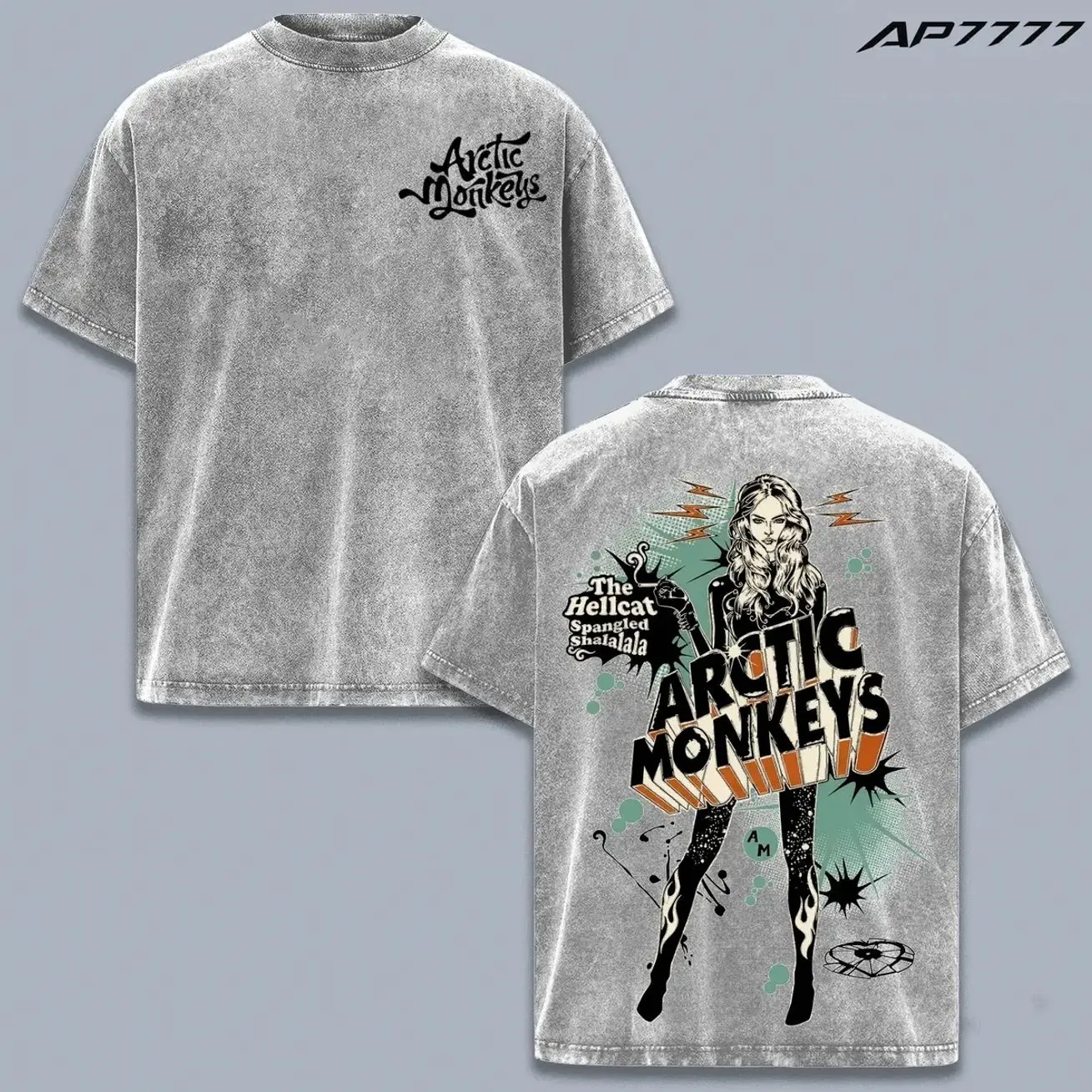 Arctic Monkeys “The Hellcat Spangled Shalalala” Indie Rock Graphic Washed Oversized Heavy Cotton T-Shirt, Vintage Band Tee, Retro Tour Aesthetic Streetwear Merch, Unisex Music Fan Shirt, UK Indie Rock Classic Album Inspired Design