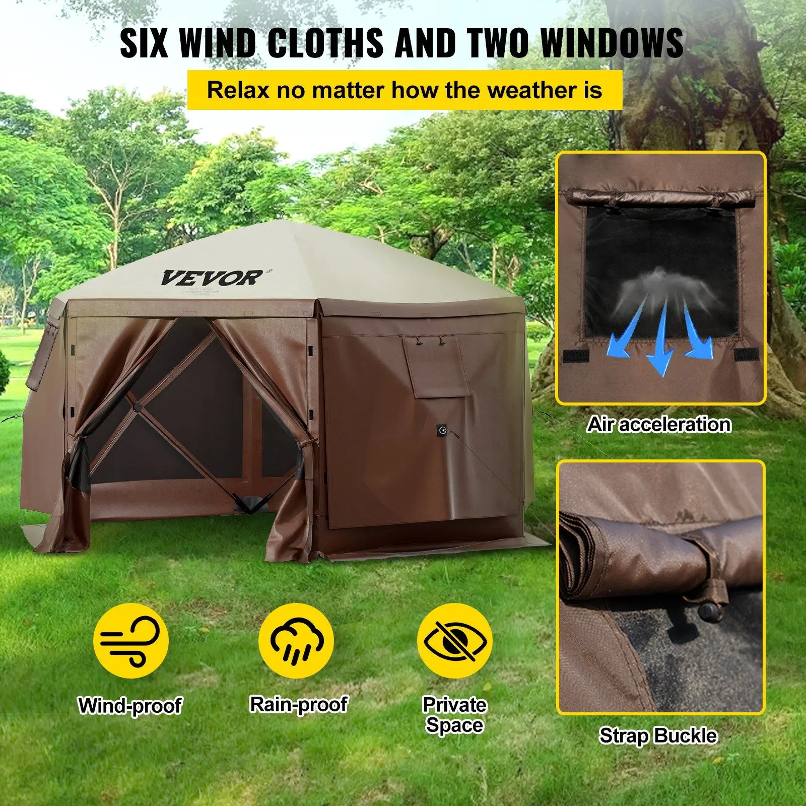 VEVOR 10 x 10 ft Sports Pop-up Screen Gazebo Tent, 6-Sided Waterproof Oxford Fabric Shelter for 8 People Camping, Stable Lightweight W/Portable Storage Bag, Ground Stakes, Mesh Windows, Brown & Beige
