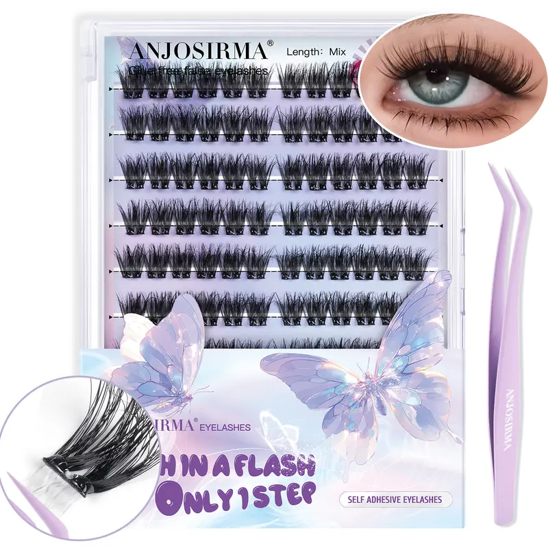 ANJOSIRMA No Glue Lash Kit Jelly-Coated Base Self Adhesive Individual Eyelashes Easy Makeup Application with Non-Stick Tweezers 120 Pcs for Salon-Like Results