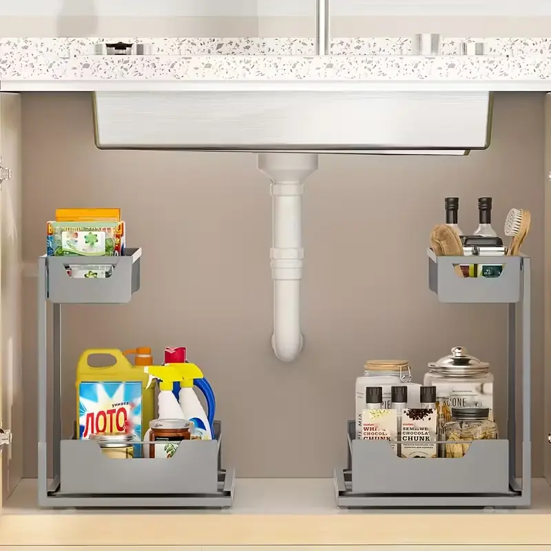 2 Pack Under Sink Organizer, Pull Out Cabinet Organizer 2 Tier Slide Out Sink Shelf Cabinet Storage Shelves, Storage for Kitchen Bathroom, Grey
