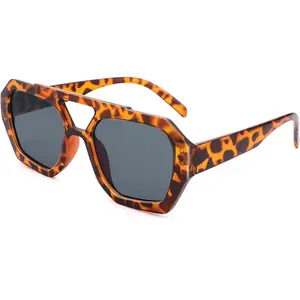 Trendy Square Aviator Sunglasses for Women Men Hexagonal Square Thick Frame Double Bridge Sun Glasses for Wide