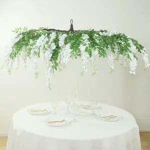 55" White Artificial Silk Wisteria Vine Round Hanging Canopy, Draping Garland Flower Chandelier With Interchangeable Branches