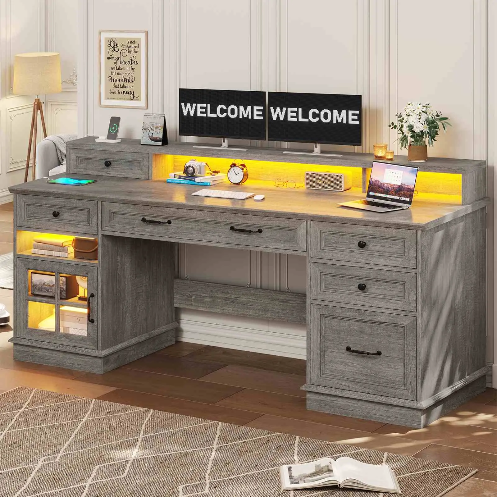 Sikaic Grey Executive Computer Desk with File Drawer, Monitor Stand and Charging Station, Large Home Office Desk with LED Lights