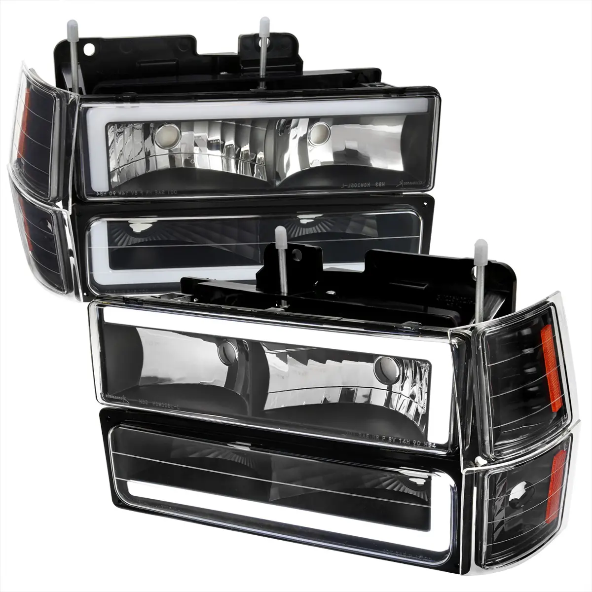 1994-1998 Chevrolet C10 C/K Tahoe Suburban LED Tube Factory Headlights with Corner Signal Bumper Lights (Matte Black Housing/Clear Lens)