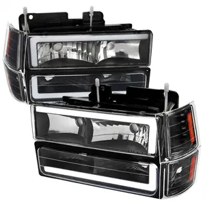 1994-1998 Chevrolet C10 C/K Tahoe Suburban LED Tube Factory Headlights with Corner Signal Bumper Lights (Matte Black Housing/Clear Lens)
