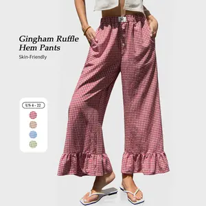 【SS26 Collection】TARSE Women’s Gingham Plaid Ruffle Palazzo Pants Flared Leg Baggy Drawstring Wide Leg Pants with Pockets Beach Travel Vacation Boho Bottoms summervibes