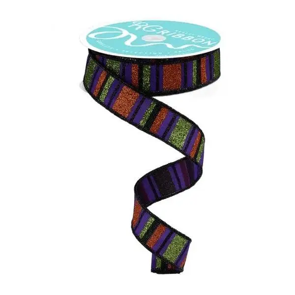 7/8" x 10yd Horizontal Stripe Ribbon – Purple/Lime/Orange/Black