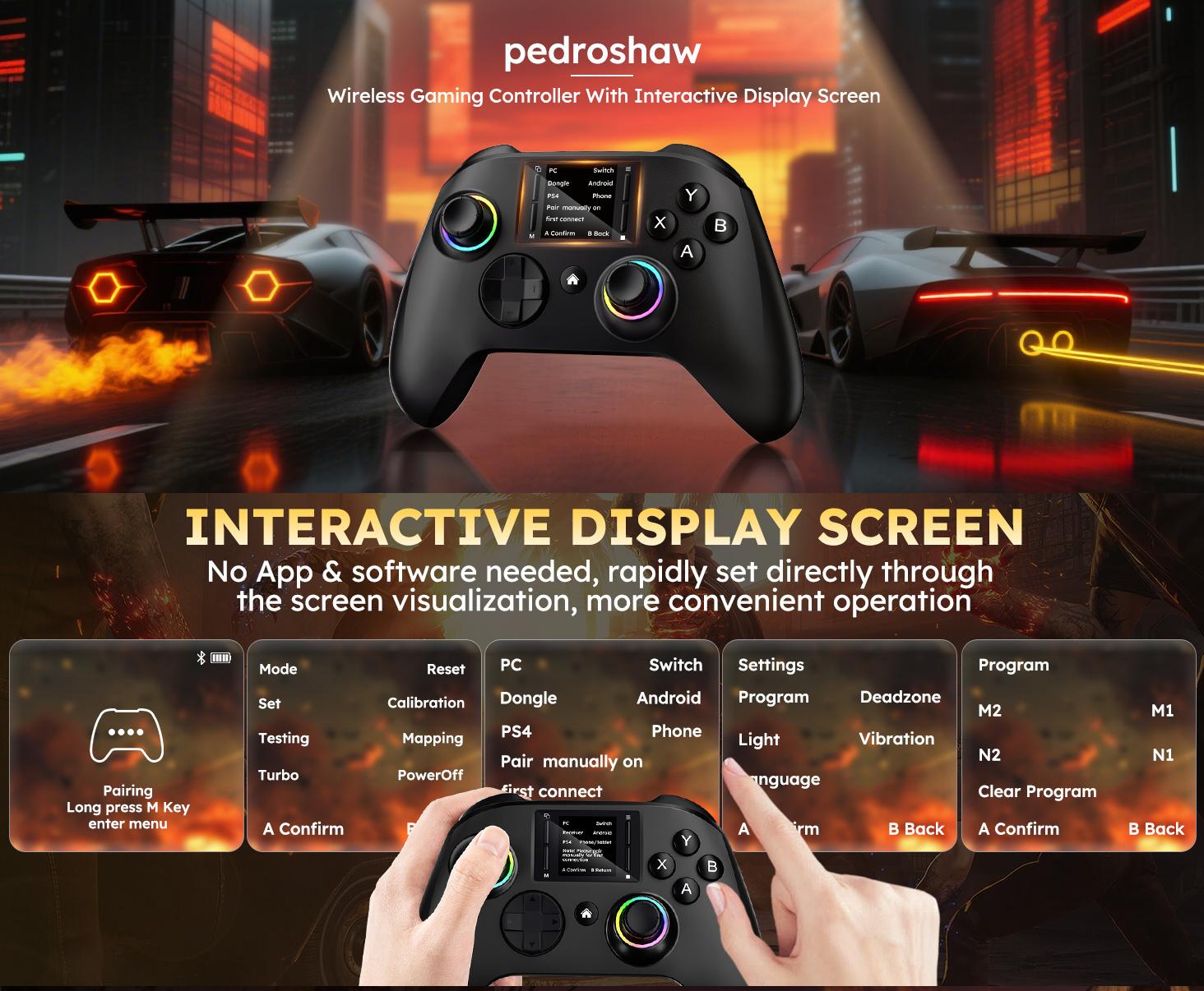 Gaming Controller with Visual Display Screen, 1000mAh Battery, Hall Effect Anti-Drift Joysticks, 4 Back Buttons, Turbo Mode, RGB Lighting, Dual Vibration & Gyro, Compatible with PC/PS4/Switch/iOS/Android, No App Needed