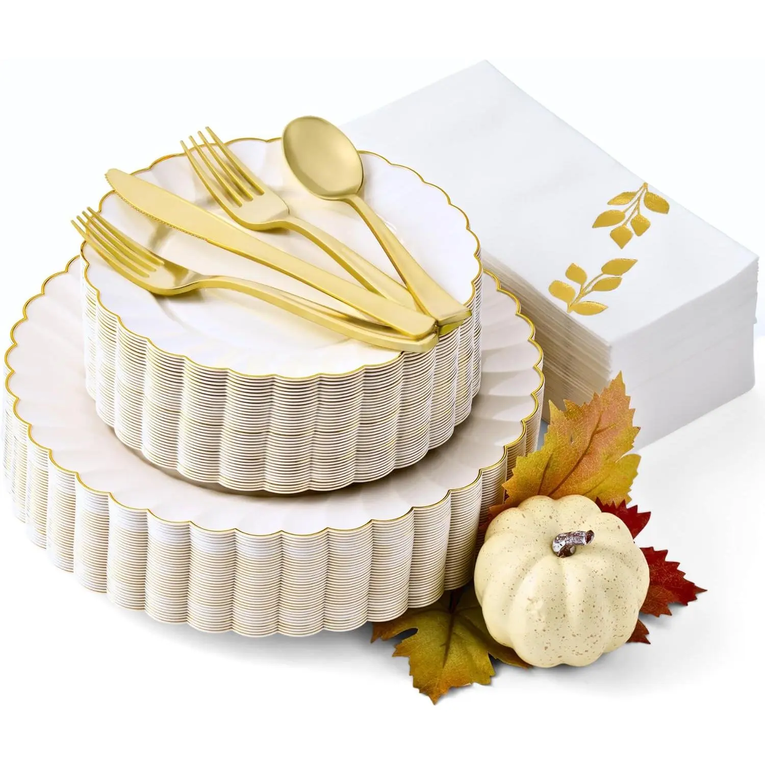HIGH END 175 Pc Thanksgiving Plates and Napkins Sets - Ivory Scalloped Plates with Gold Trim Disposable Dinnerware Set for Fall, Friendsgiving Holidays (25 Guests)