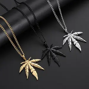 1Pc Fashion Maple Leaf Necklace Titanium Steel Hemp Leaf Pendant Glittery Charm Chain Gift Jewelry Hip Hop Jewelry Accessories