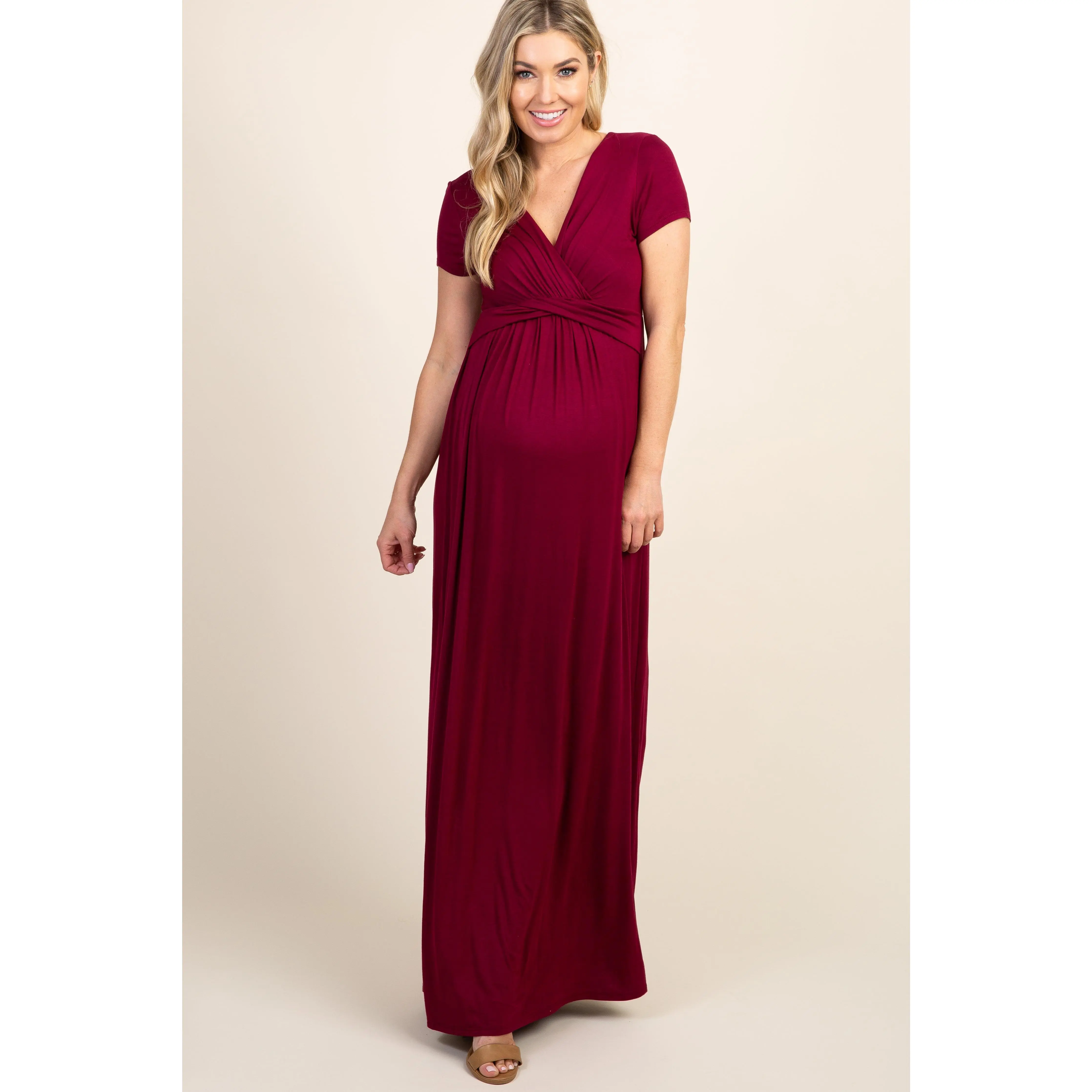 PinkBlush Burgundy Draped Maternity/Nursing Maxi Dress