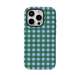 Mini Gingham Navy & Cream Custom Monogram Pink Striped iPhone Case - Protective Smartphone Cover, Handheld Device Accessory for iPhone 13,14,15,16,17 Pro Max Plus Models, Accessories