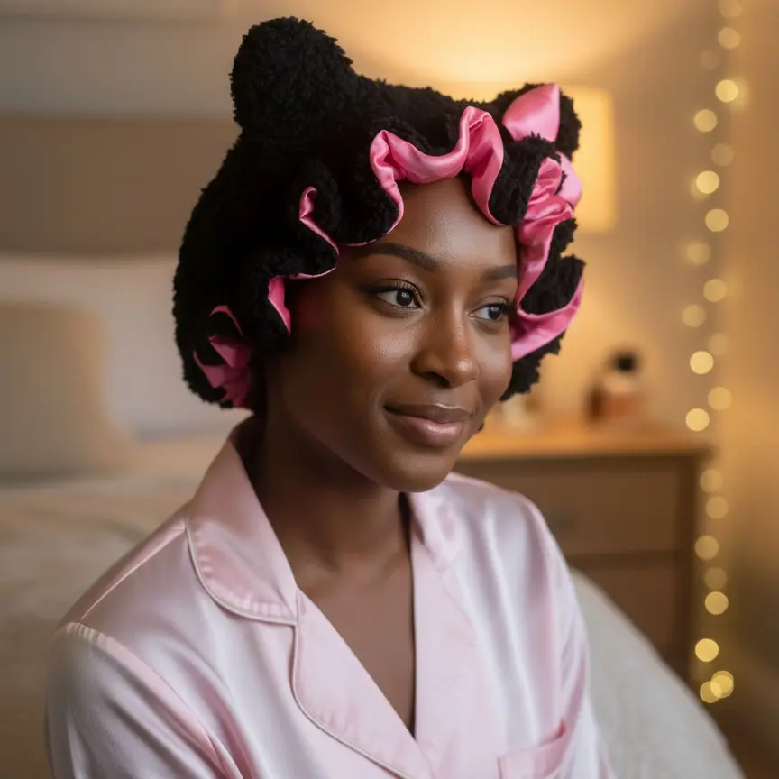 Luxury Plush Feel Teddy Material Shower Cap - Elegant Black and Pink Bathroom Accessory, Ideal for Gifting