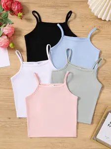 Summer Girls' Five-Piece Plain Color Casual Tank Tops, Light Blue, Micro-Elastic Comfortable Fabric, Clothes, Elastic Waist Cami