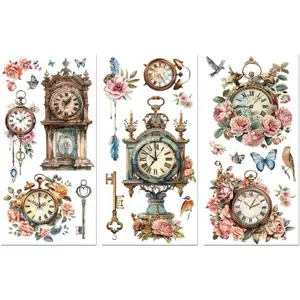 Rub on Transfer Decals for Furniture Crafts Decor 6"x12", 3Pcs Vintage Retro Clock Waterproof UV DTF Transfer Decals Sticker for Dresser Lingerie Chests Drawer Glass Porcelain Wood Plastic