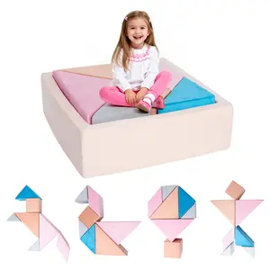 Tangram Puzzle Modular Kids Play Couch, Buildable Fort & Explorer Sofa with Ball Pit, All-Sponge Convertible Playroom Furniture, Creative Play Sofa to Inspire Children’s Imagination & Creativity, Pink