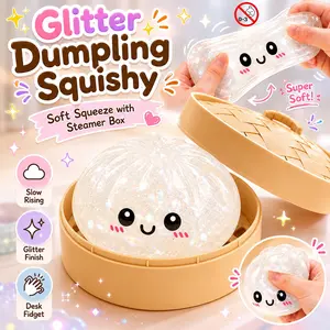 1/2 PCS Dumpling Squishy with Steamer Box, Glitter Squishy Dumpling Stress Relief Toy, Slow Rising Soft Squeeze Sensory Fidget for Teens Adults Home Office