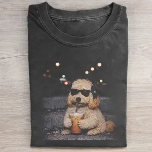 Comfort Colors Funny Goldendoodle Dog Drinking Iced Coffee T-shirt, Vintage 90s Edgy Dog Meme Tee, Unisex Fit Design, Casual Streetwear, Gift for Dog Lovers