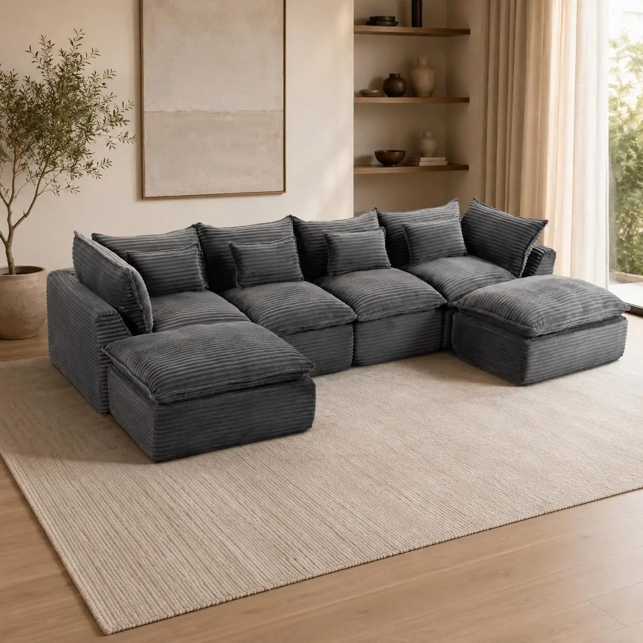 129.8" Cloud Couch, Oversized Modular 4-Seat Sectional Sofa with 2 Ottomans, Deep & Wide Seat Comfy Corduroy Sofa, Slow Rebound Foam Relax Lounge Furniture for Living Room, Antique Grey